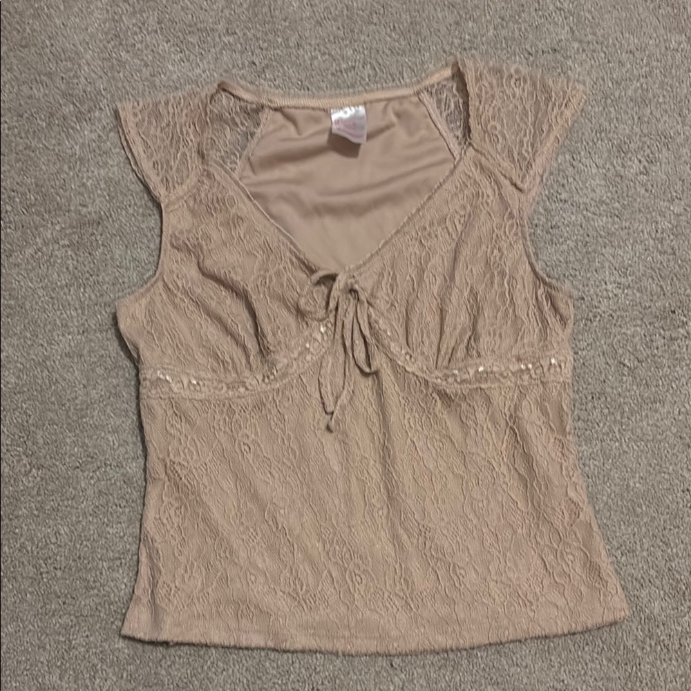 No Boundaries Tan Fitted Tie Front Blouse